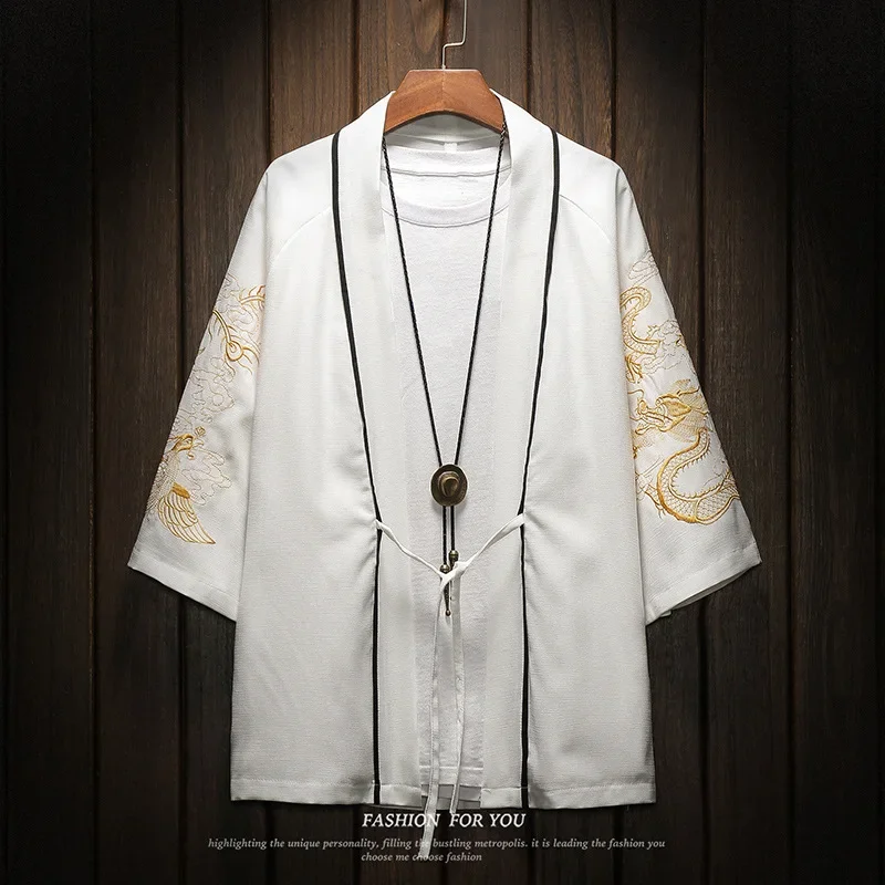 Chinese Dragon Men Kimono Top Clothing Oversize Cotton Linen Sunscreen High Quality Haori Shirt Japanese Anime Cosplay Blouse