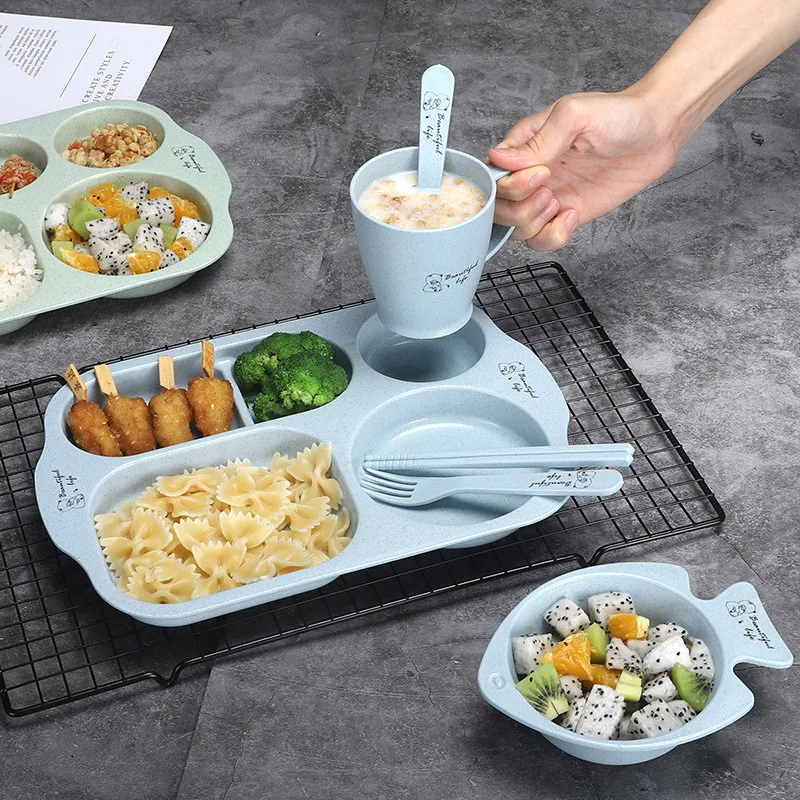 4 PCS/6PCS/children's cutlery set, anti-drop wheat partition plate, suitable for toddlers, children and adults