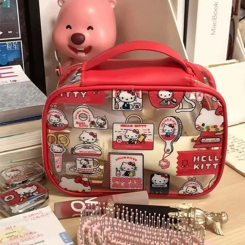헬로 키티 휴대용 메이크업 가방, 대용량 방수 세면 용품 가방, 여성용 핸드헬드 화장품 정리함 투명 보관 가방