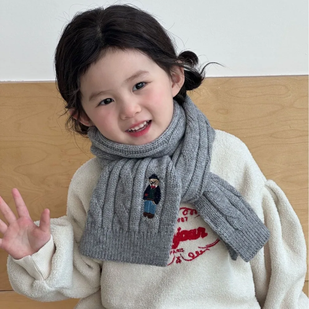 Fashionable Thicken Children's Knitted Scarf Solid Color Keep Warm Infant Neckwarmers Bear Embroidery Children's Winter Scarf
