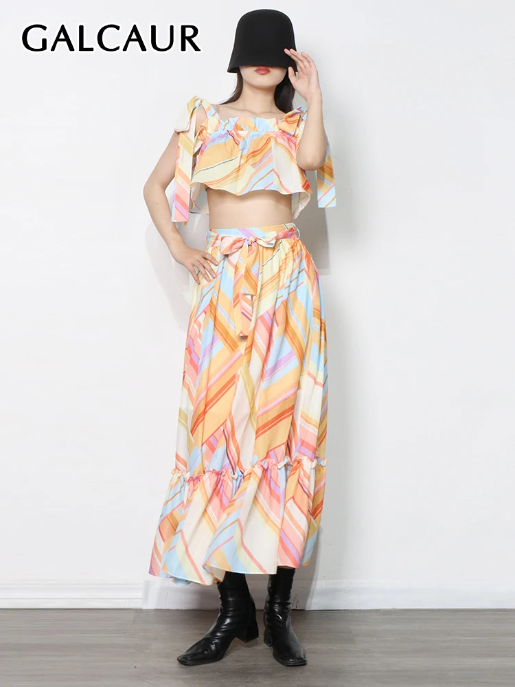 GALCAUR Casual Print Colorblock Two Piece Set For Women Square Collar Sleeveless Tops High Waist Midi Skirts Sets Female 2022 |