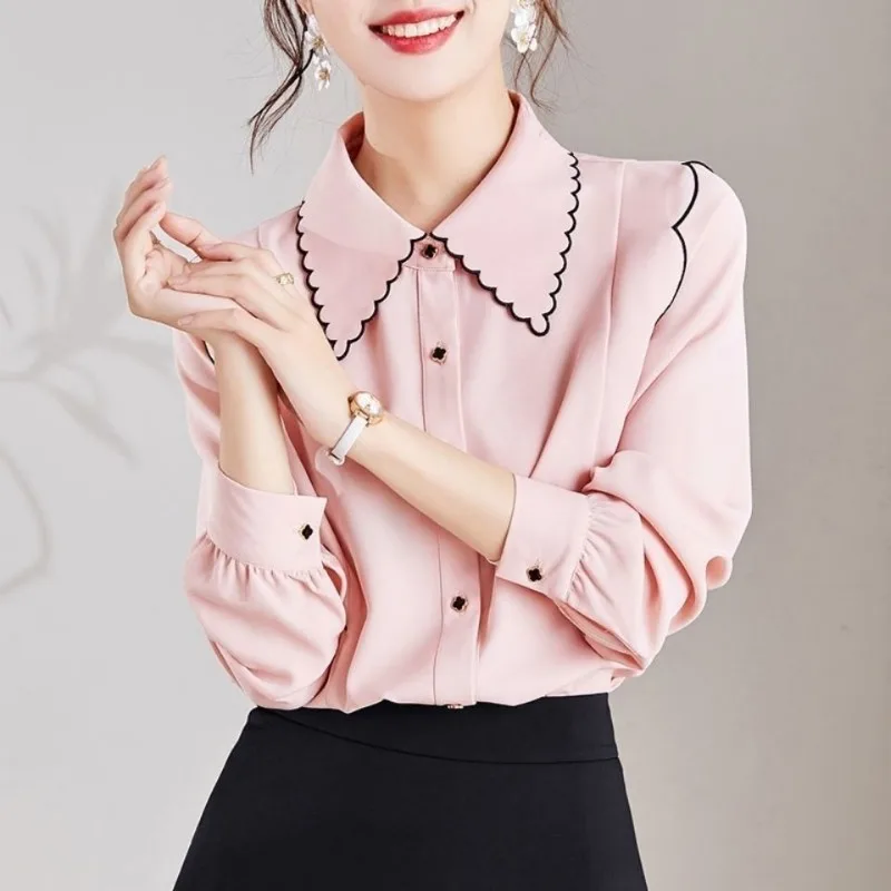 Women Spring and Autumn 2023 New Ruffled Shirt Plus-size Loose Slim Flesh Cover Versatile High-end Design POLO Collar