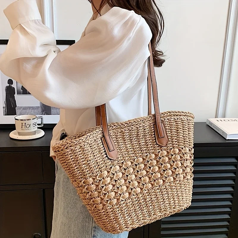 Braided Straw Tote Bag Large Capacity, Vacation Ready, Daily Shopping Companion for Women Perfect for Beach, Casual Fashion