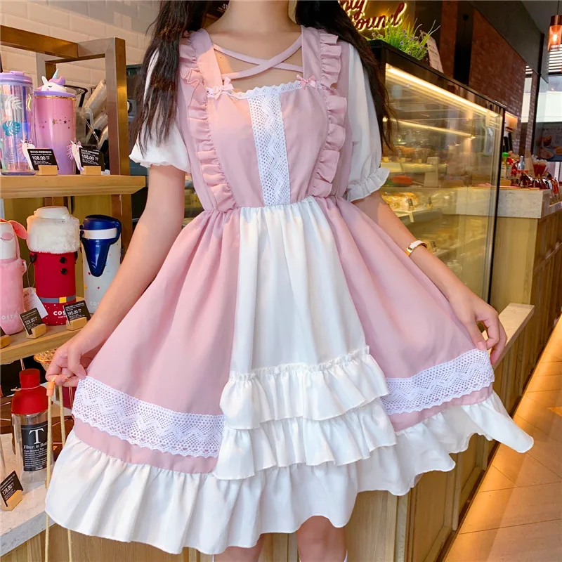 

Kawaii Lolita Dress Women Summer New Cute Sweet Square Collar Short Lolita Dresses Halloween Gothic Japanese Girl Vestidos Pink