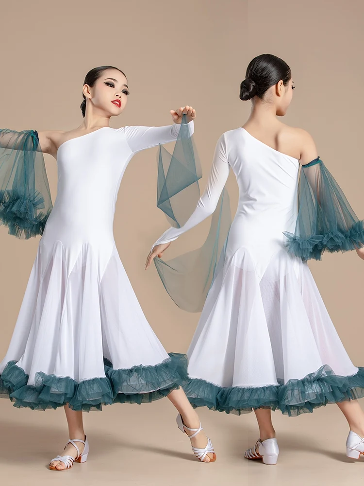 Girls One-Sleeve Ballroom Dance Dresses Standard Dancing Performance Costume Children Waltz Tango Dance Dress