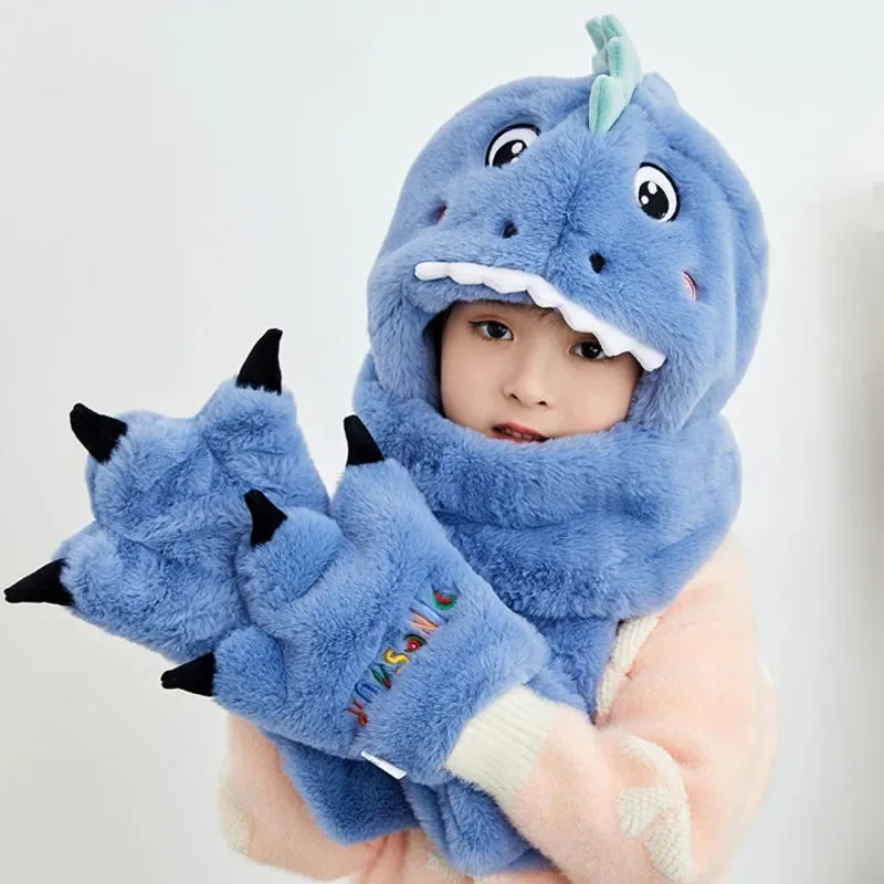 Children's Hat Winter Boys and Girls Baby Winter Warm Cute Dinosaur Plush Neck Scarf One Piece Set