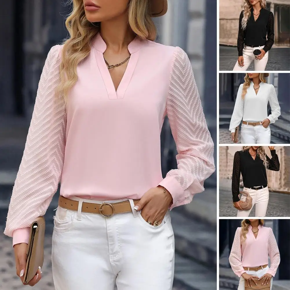 

Women V-neck Shirt Elegant Women's V-neck Long Sleeve Blouse for Fall Spring Soft Breathable Office Lady Shirt with Stand Collar