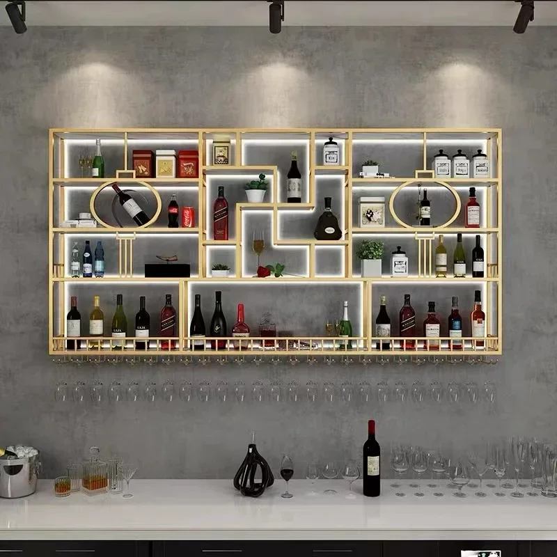 Luxury Storage Bar Cabinet Wall Mounted Illuminated Ironwork Commercial Wine Rack Creative Mueble Bar Gold Furniture