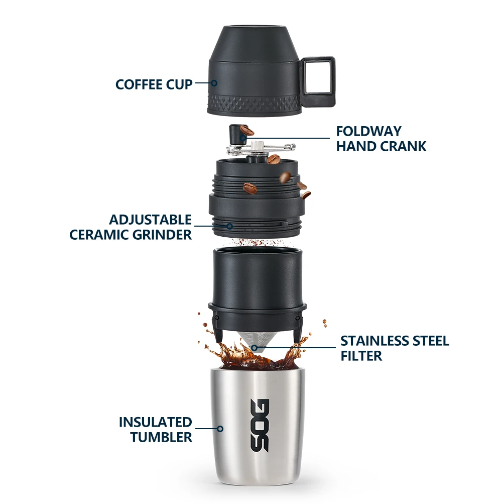 SOG 350ml 2-in-1 Portable Coffee Grinder Stainless Steel Cup Hand Mill Small Manual Bean Crusher Travel Camping supplies