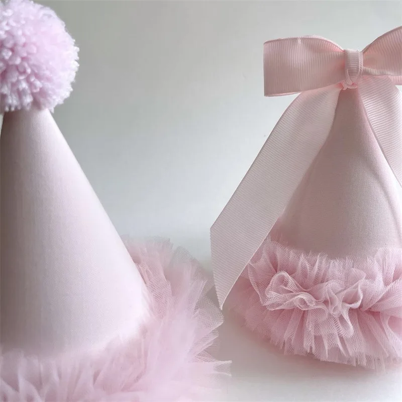 Pink Bow Lacet Cute Women's Birthday Party Hat Korean Style Decorative DIY Fabric Cake Topper Home Goods