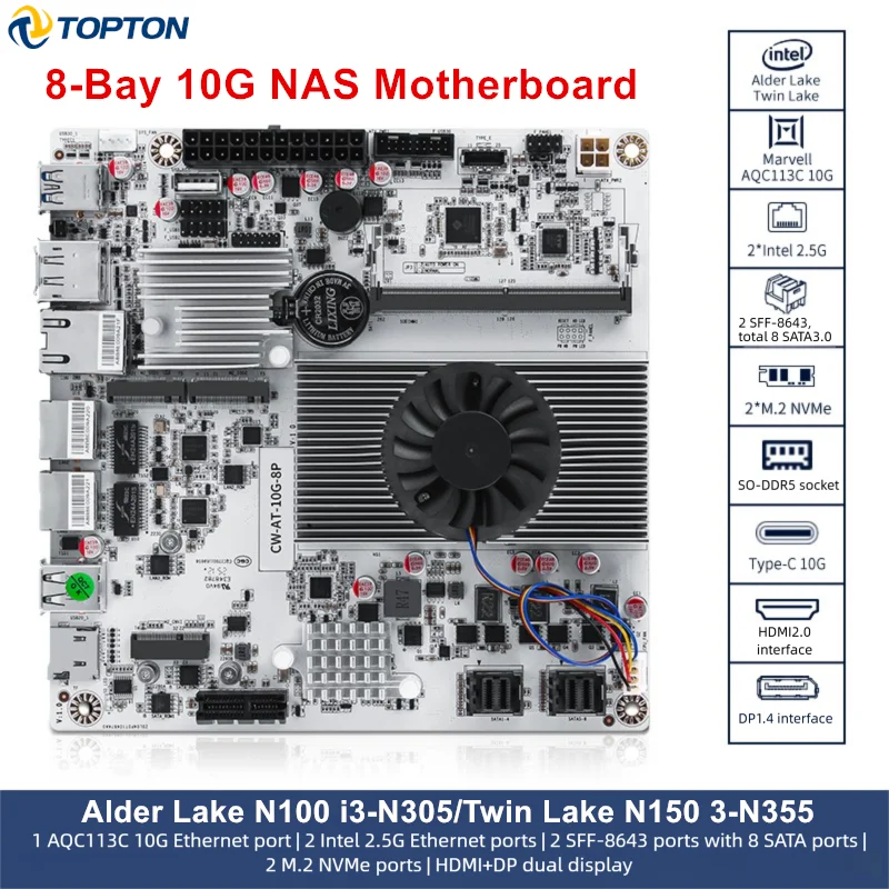 8-Bay NAS Motherboard Intel N100/N150/i3-N305 10G LAN Dual