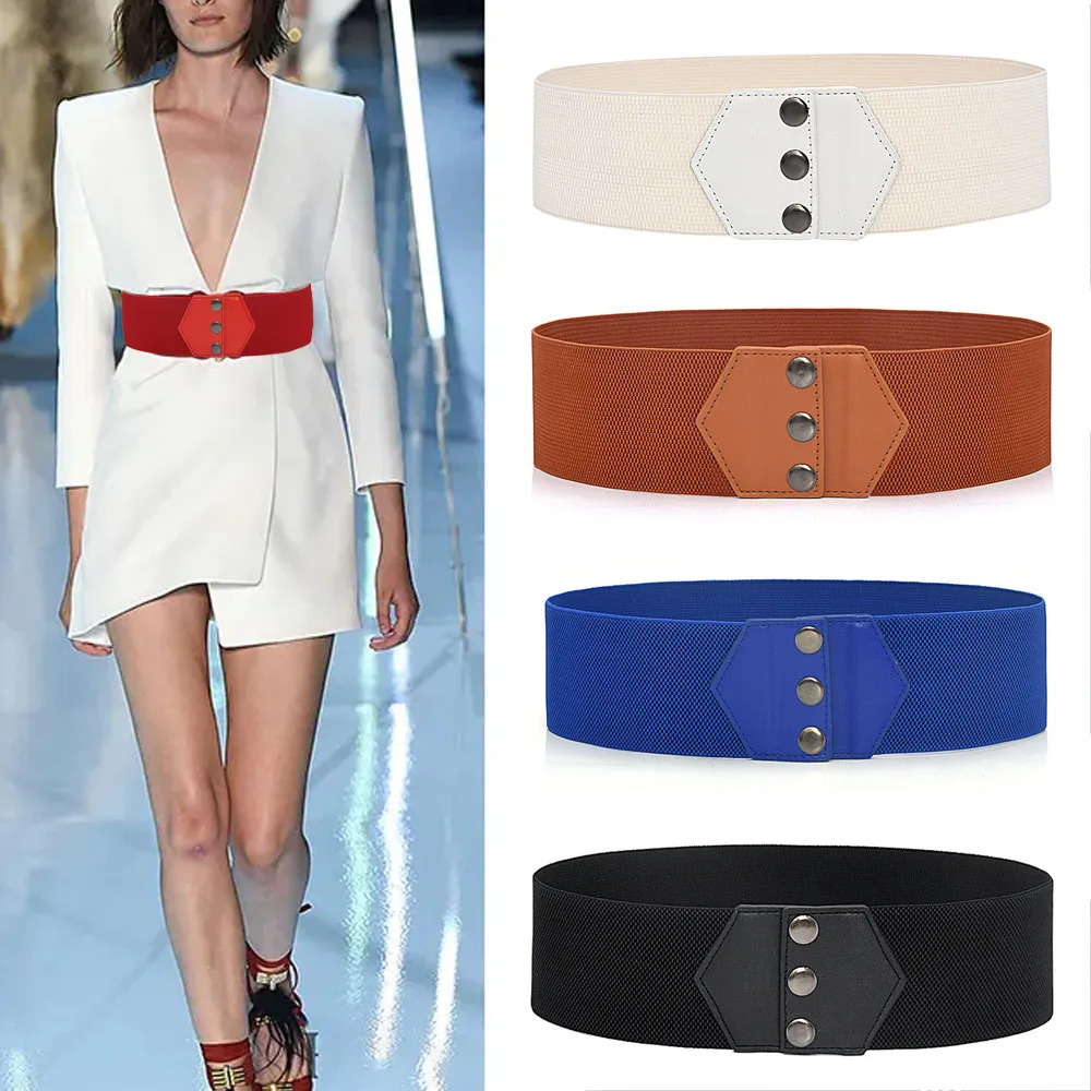 

Women Corset Belt Solid Color Slim Stretch Cummerbunds Fashion Wide Elastic Belt Ladies Dress Overcoat Waistband Snap-Button