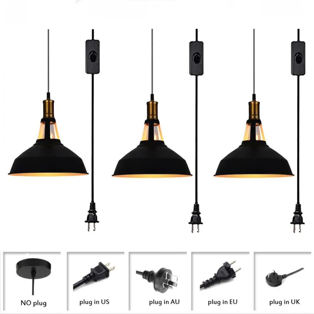 

3 Pack Industrial Style Pendant Light Mini Black Metal Ceiling Lamp Farmhouse Hanging Light Fixture Plug In Cord for Kitchen
