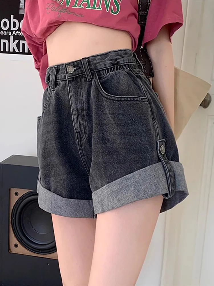 Casual Edge Curl Women's Denim Shorts A-line High Waist Loose Wide Leg A-line Shorts Pants Vintage Female Jean Shorts Summer