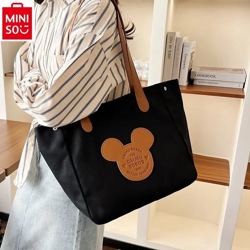 MINISO Disney Mickey Fashion High Quality Canvas Cushioned Handbag for Women's Casual Large Capacity Storage Tote Shoulder Bag