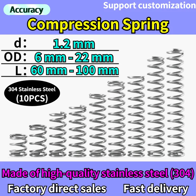 Wire Diameter 1.2 mm Y-type Rotor Return Micro Compression Pressure Spring 304 Stainless Steel OD 8mm-22mm Length 60mm to 100mm