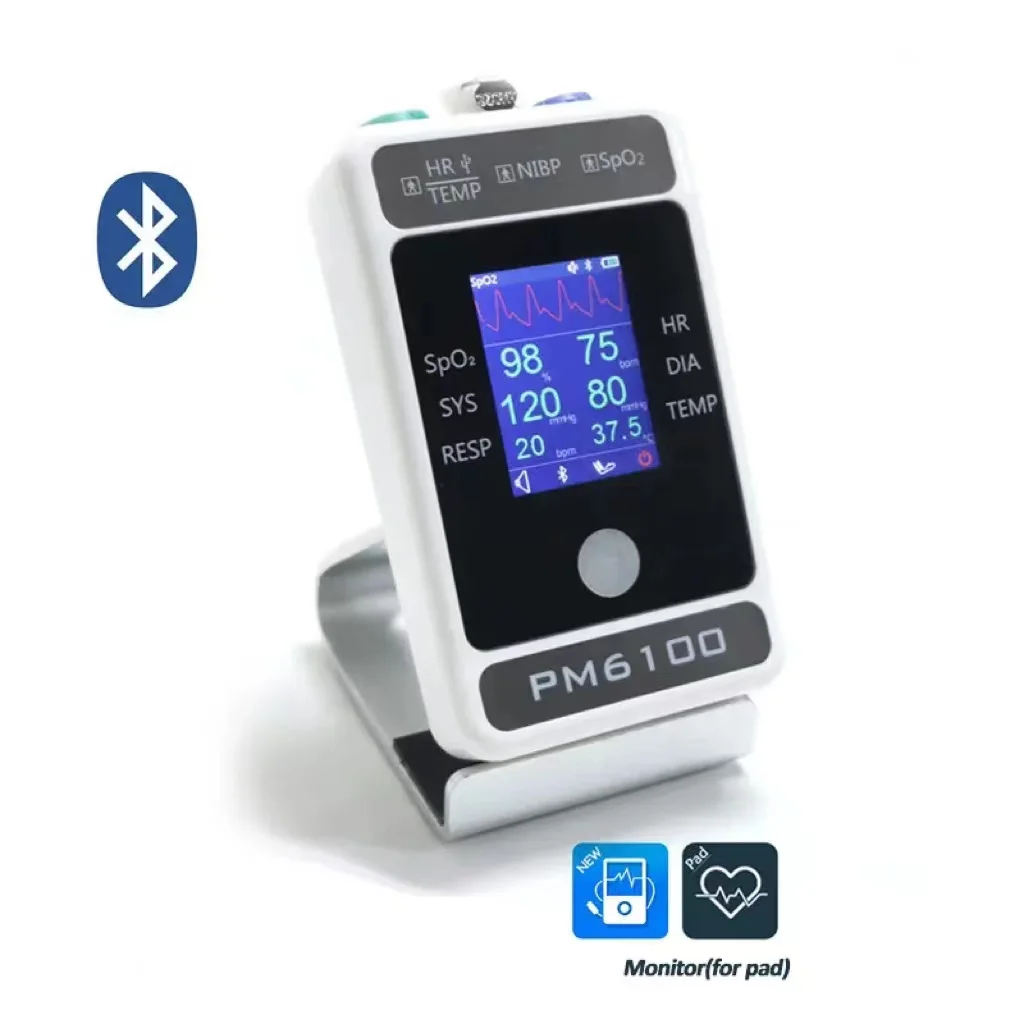 

PM6100 medical monitor is easy to carry and handle multiple vital signs: PR, HR, NIBP (blood pressure), Spo2, Resp (respiration)