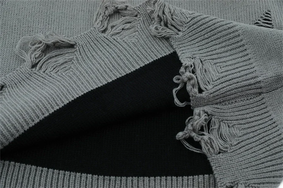Torn Smooth Sweater Men Retro Ripped Hole Knitted Letter Plain Jumpers Men Streetwear Hip Hop Harajuku Punk Gothic Sweaters 6