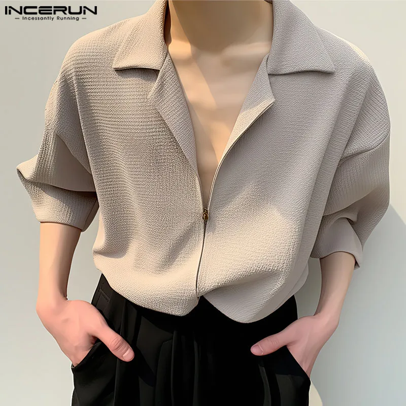 

Handsome Well Fitting Tops INCERUN New Men's Zipper Design Blouse Casual Solid All-match Male V-neck Short Sleeved Shirts S-5XL