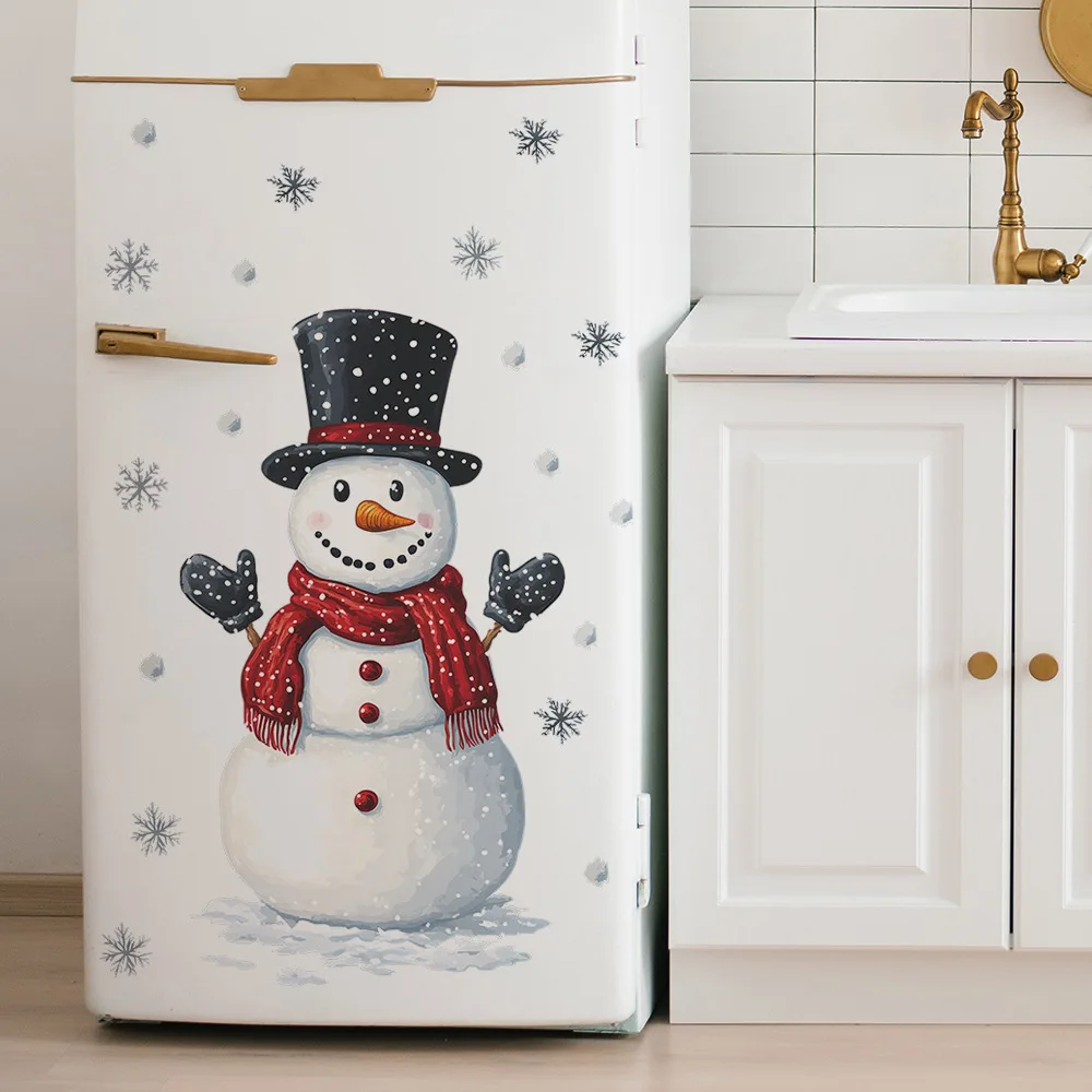 Christmas Snowman Snowflake Wall Stickers Fridge New Year Decoration Mural Cartoon Room Beautify Home Decor Self-adhesive Decals