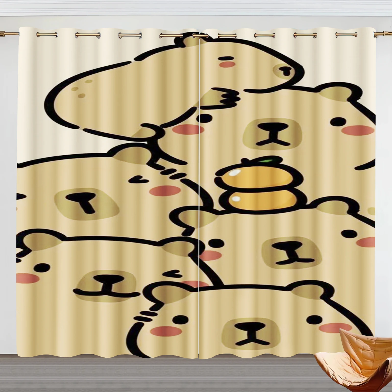 Capibara Cartoon Window Curtain, Guinea Pig Decoration, 100% Polyester Shade Curtains, Bedroom, Living Room, 2 Tablets Sets 3