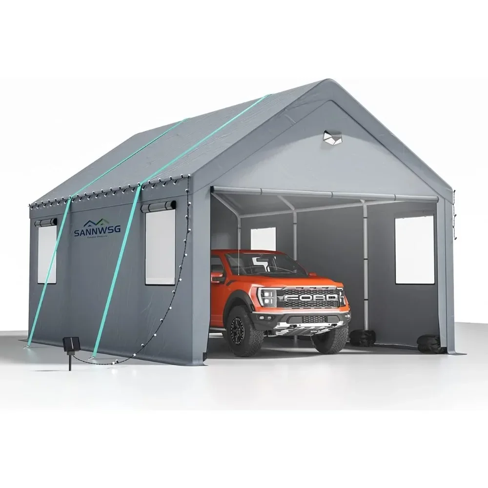 

12 * 20 Heavy Duty Carport Canopy - Extra Large Portable Car Tent Garage With Roll-up Windows and All-Season Tarp Cover Camping