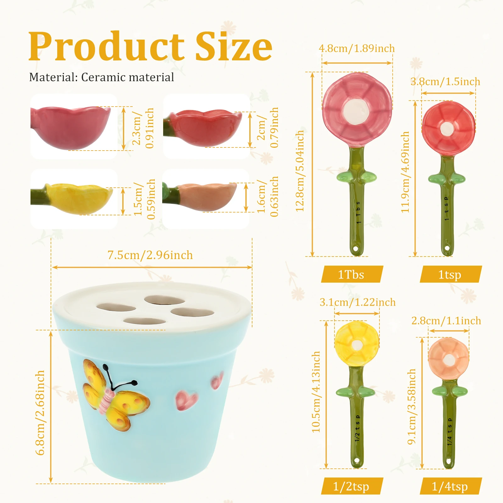4Pcs Ceramic Measuring Spoon with Base Set 1/4 Tsp 1/2 Tsp 1 Tsp 1 Tbsp Ceramic Flower Pot Shape Kitchen Tool Baking Scale Spoon