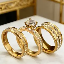 Elegant Gold Plated Cubic Zirconia Ring Set - Stainless Steel Wedding & Engagement Jewelry Gift - USA 8 (Gold)