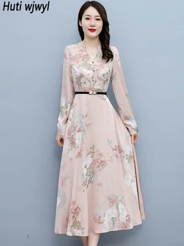 2024 Pink Floral Acetate Satin Casual Long Robe Women Fashion Elegant Chic Party Midi Dress Spring Autumn Bodycon Evening Dress 1
