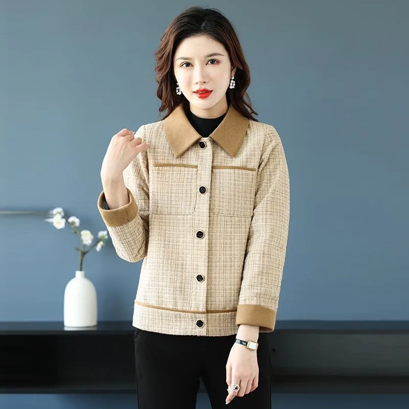 

2023 New Spring Autumn Small Fragrant Woman Color-block Short Coat Slim Style Top Jacket Small Short Surcoat