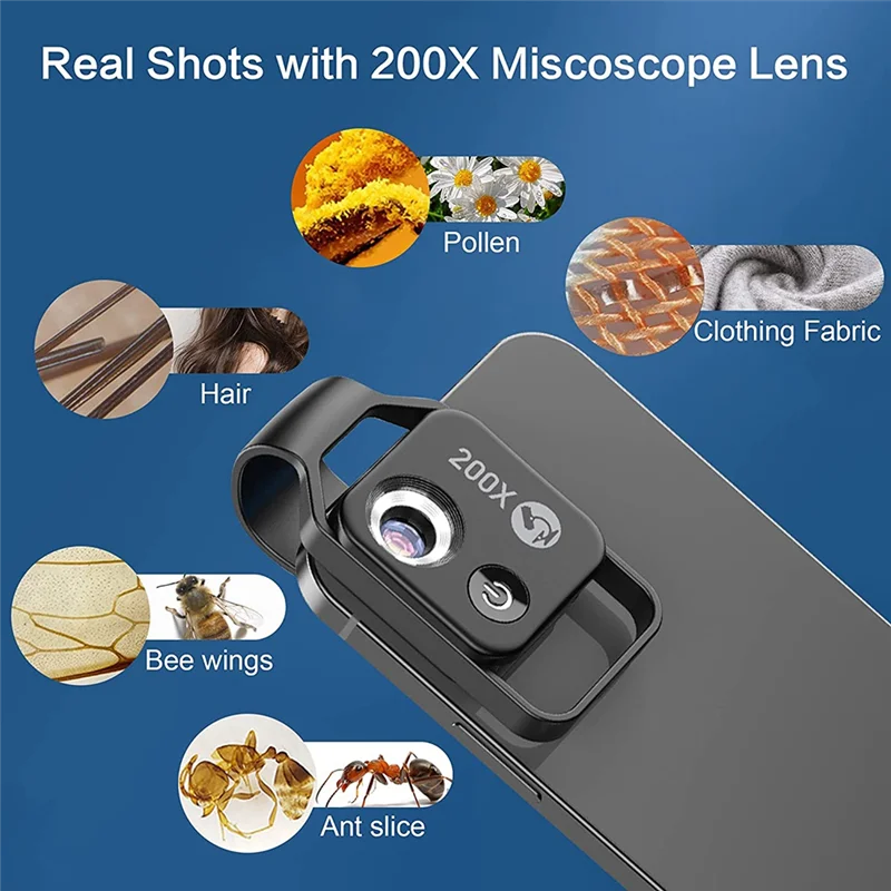 200X Cell Phone Microscope Accessory with CPL Lens Portable Mini Digital Microscope with LED Light/Universal Clip cell phone microscope