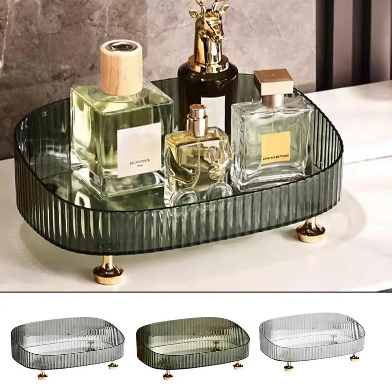 

Makeup Organizer Tray Vanity Perfume Countertop Storage Tray Transparent Oval Design Storage Supplies for Foundation Lipstick