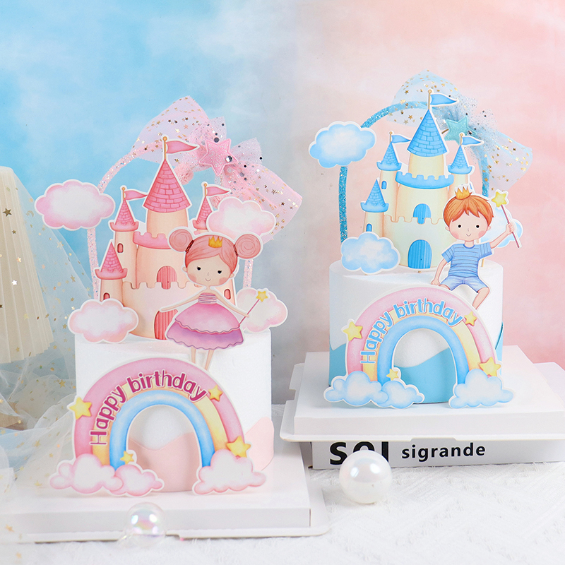 Rainbow Cloud Castle Cake Topper Toppers Bowknot Cake Flags Kids Boys Happy Birthday Party Baking Cake Dessert DIY Decor New