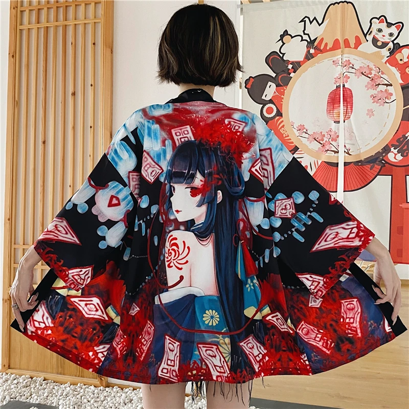 Bebovizi Japanese Fish Print Kimono Cardigan Harajuku Traditional Women Cosplay Yukata Female Obi Black Streetwear Haori Beach
