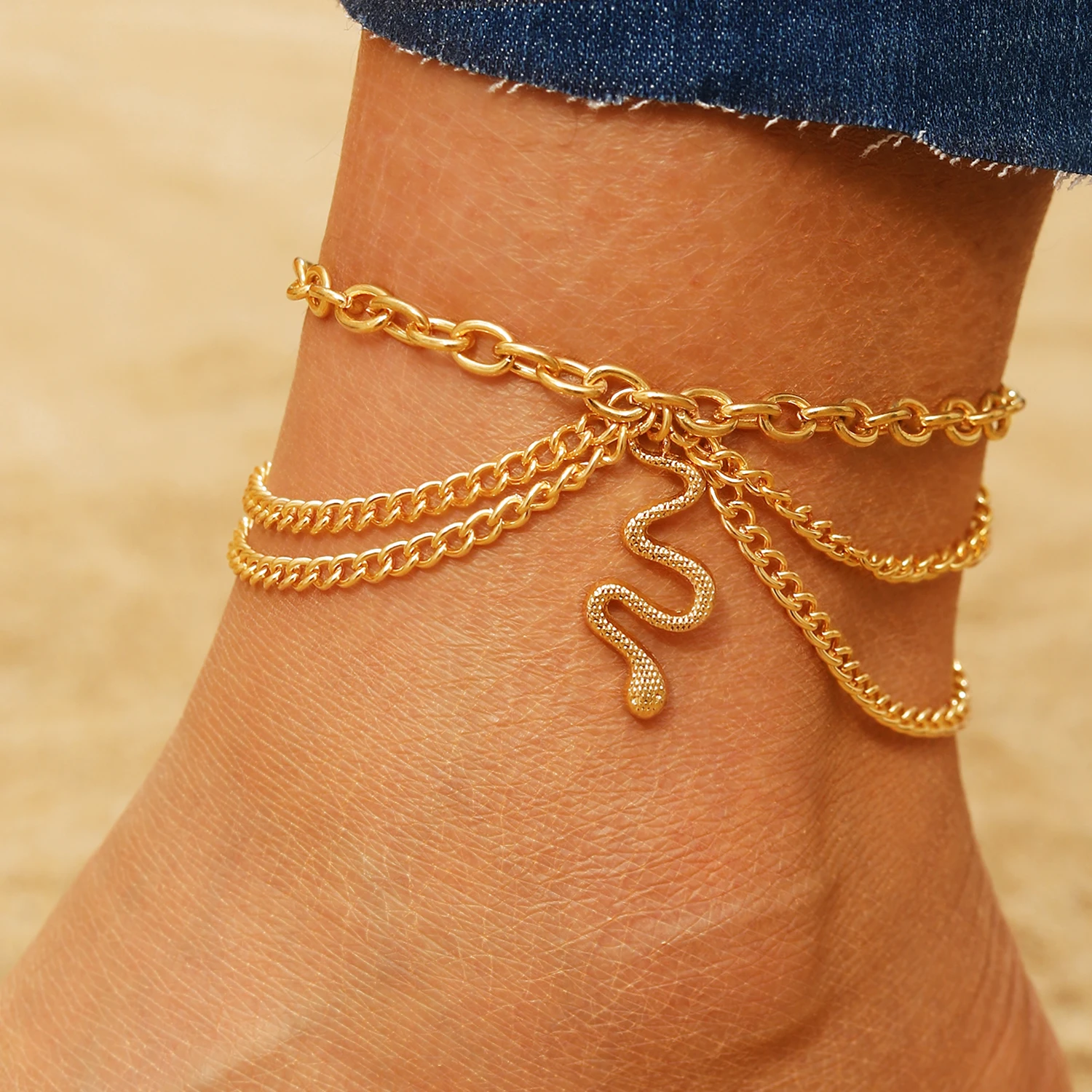 Boho Classic Snake Chain Bracelet Anklet Charms Tassel Starfish Heart