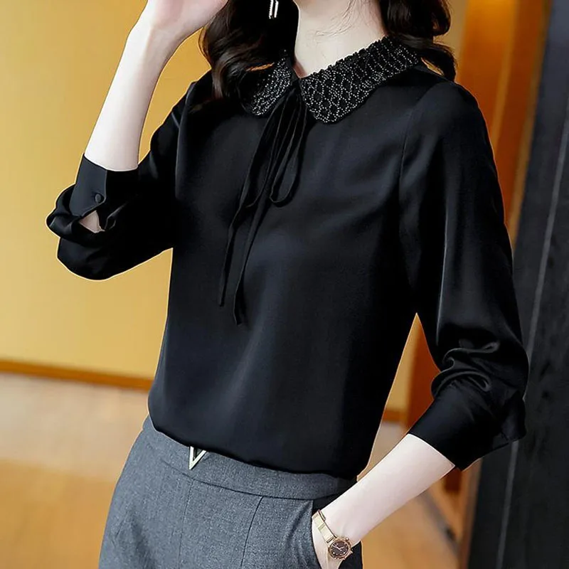 

Elegant Commute Solid Color Beading Spliced Shirt Spring Autumn Fashion Long Sleeve Peter Pan Collar Lace Up Blouse for Female