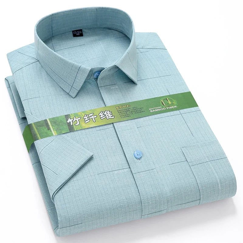 Men's Bamboo Fiber Shirt Short Sleeve New Arrival Summer with Pocket Check Pattern Business Casual Office Wear Plus Size 7XL 6XL 2