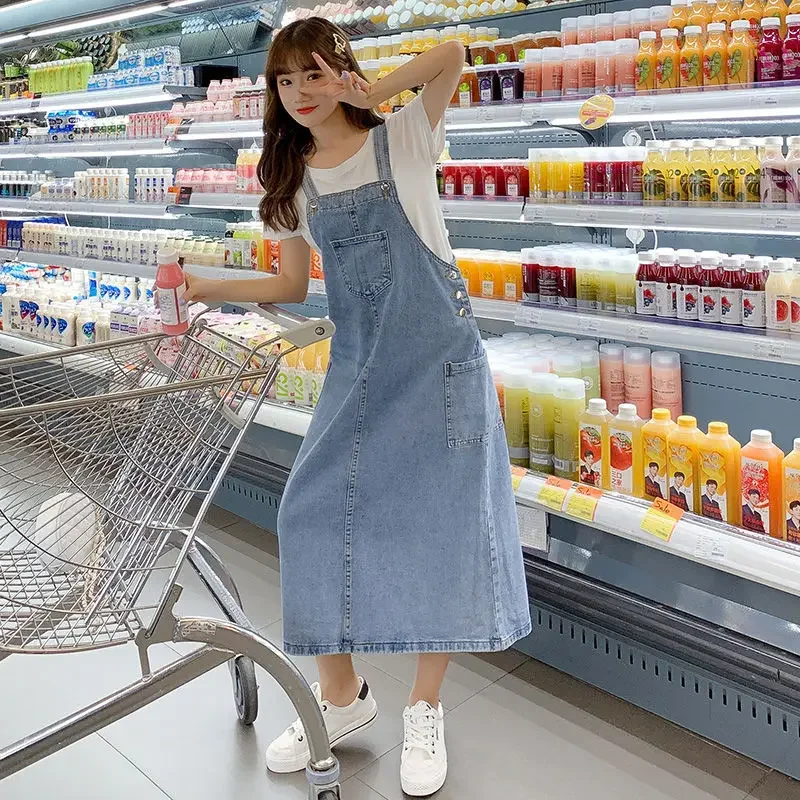 

Denim Overall Dress Women Korean Style Solid Spaghetti Strap Pocket Jeans Sundress Preppy Girl Student Dress Vestido Feminino