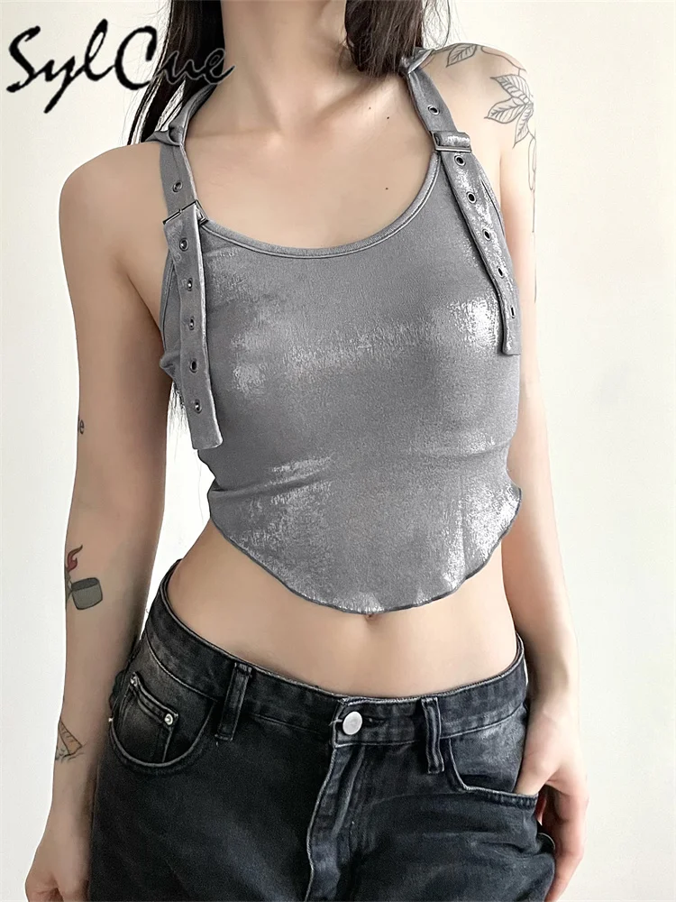 Nibber Silber Retro Matte Cyberpunk Modische High Street Sexy Reife Selbstbewusst Cool Einfache Damen Sommer Dünne Kapuzenweste – Detail 6