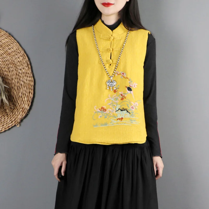 

Cotton Linen Embroidery Vest Tang Suit Ethnic Harajuku Gilet Women Chinese Style Sleeveless Tops Traditional Vintage Waistcoat