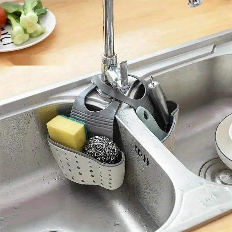Adjustable Hanging Sink Sponge Holder Silicone Drain Basket Kitchen Bathroom Faucet Storage 1