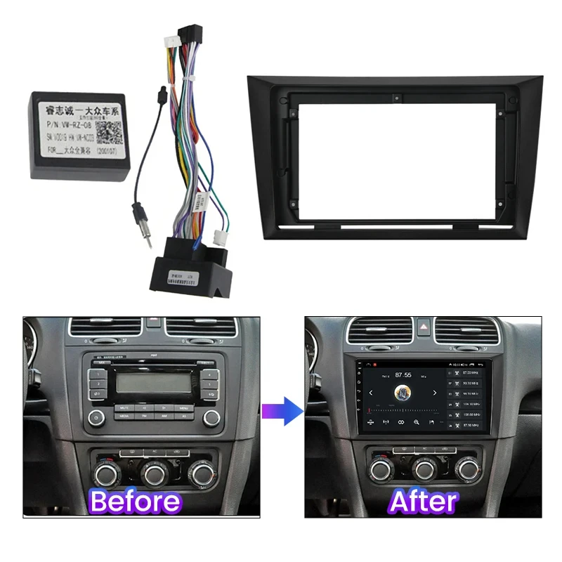 폭스바겐 VW 골프 6 2008 2016 전원 코드, 안드로이드 자동차 라디오 멀티미디어 플레이어 프레임, 캔버스 페시아 프레임 패널 트림 키트, 9 인치