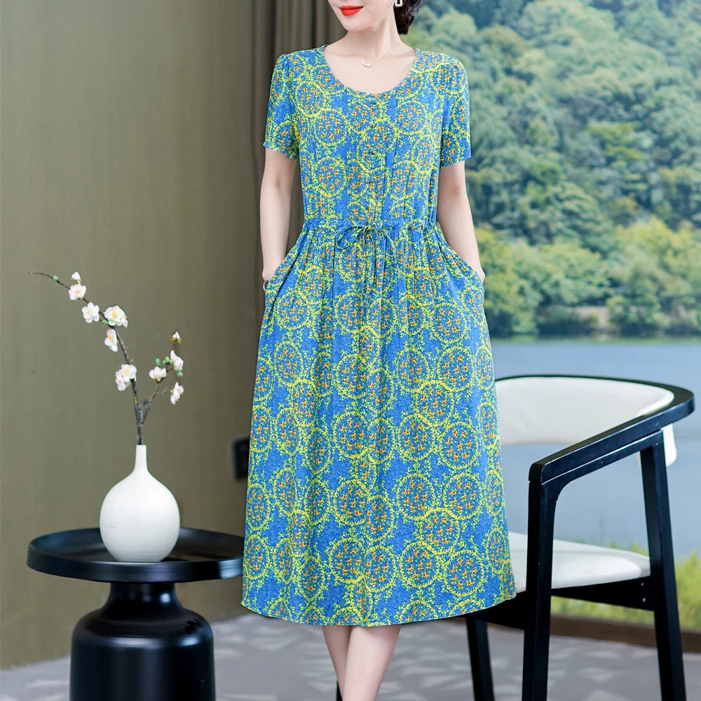 

New Fashion Summer Dresses For Women Cotton Vintage Dress Plus Size Short Sleeve Femme Casual Women Clothing Print Dresses