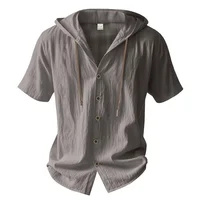 Chemise en coton et lin pour hommes, à capuche, manches courtes, couleur unie, respirante, légère, avec cordon de serrage, chemises décontractées, t-shirts basiques 3