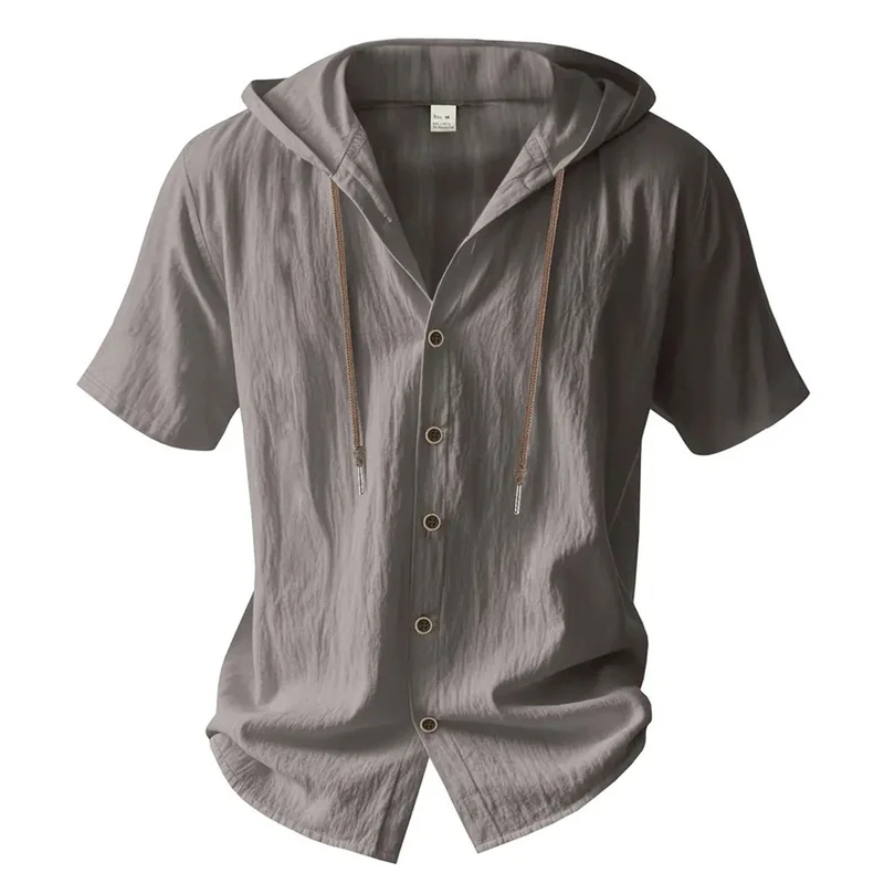 Cotton Linen Shirt Hooded Short Sleeve