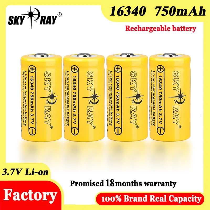 

SKYRAY Original 16340 Battery 3.7v Lithium 750mAh 3.7 Volts Li-ion Rechargeable Batteries for Remote Control Shaver Power Torch