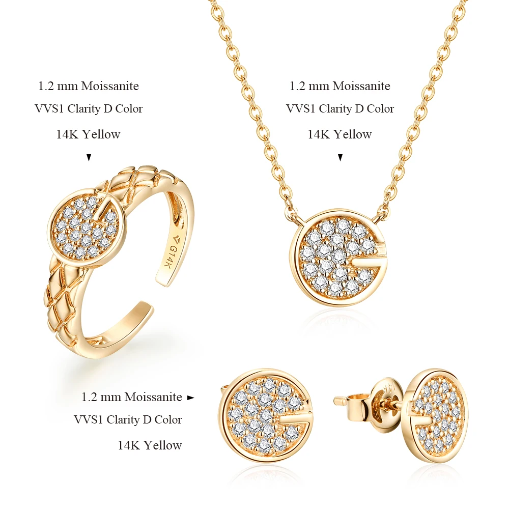 ATTAGEMS Luxury D Color VVS1 Moissanite Jewelry Set Solid 18k 14k 10k Yellow Gold Earring Wedding Ring Necklace Pendant Jewelry