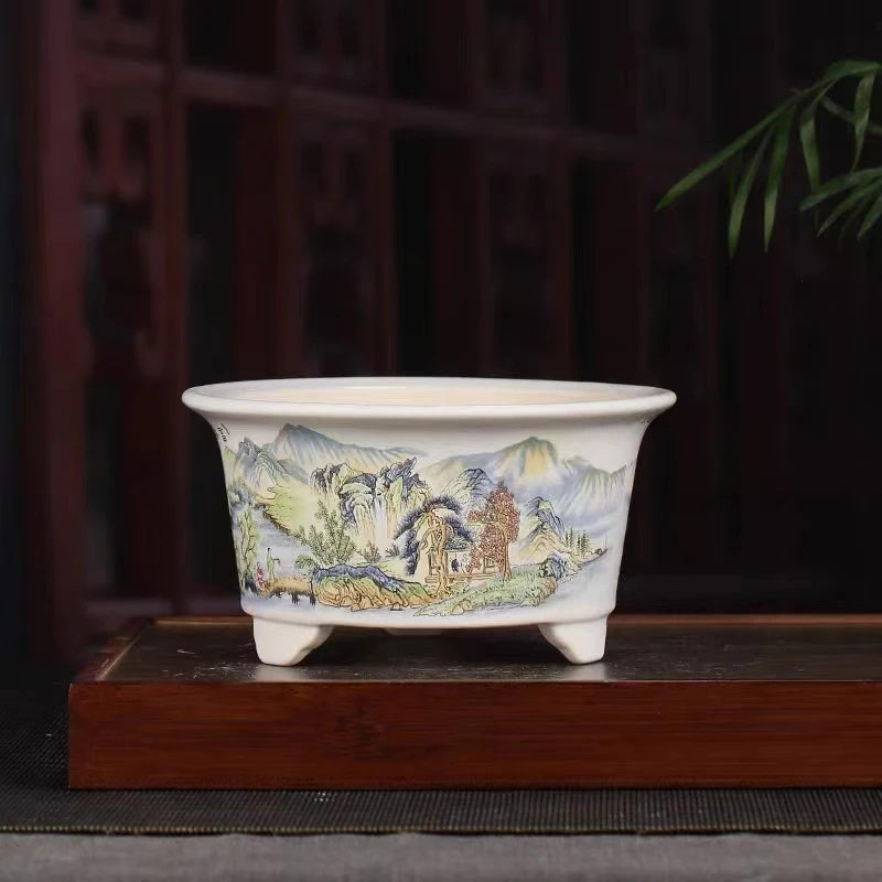 

Ceramics Flowerpot Circular Painted Chinese Style Flower Pots 3 Legged Glazed Fleshy Plantpot Succulent