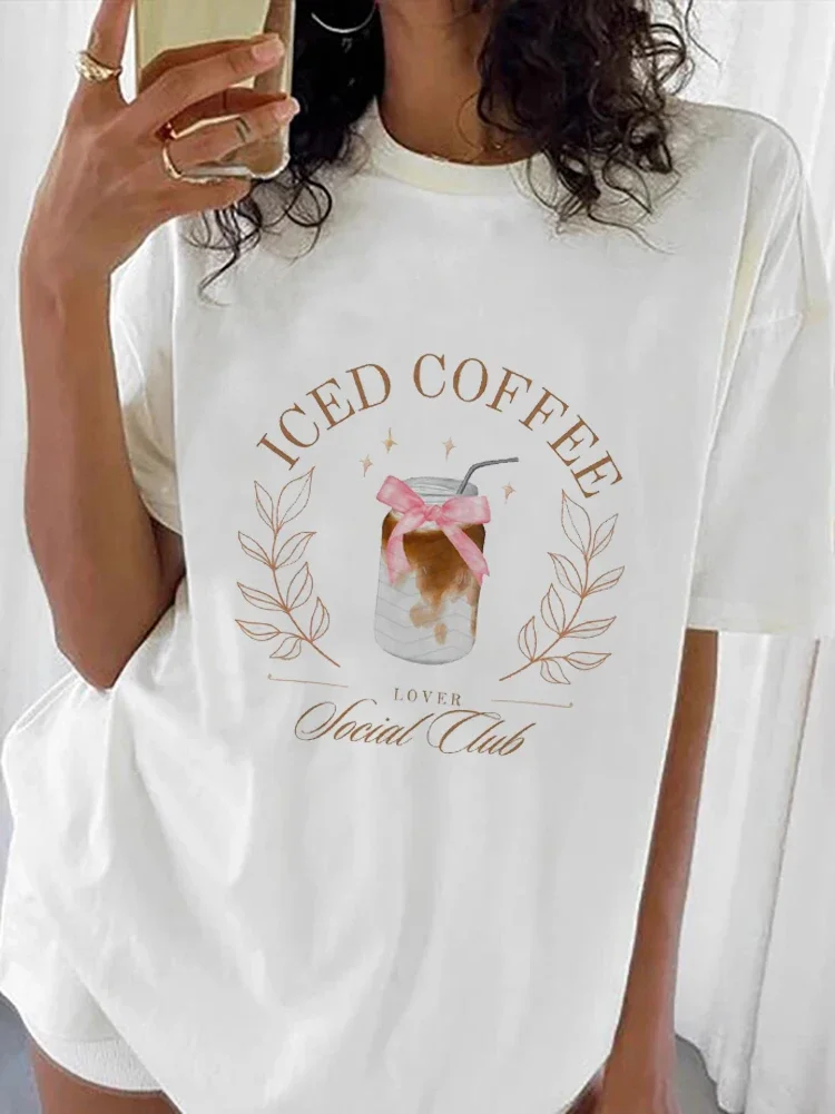 

Iced Coffee Social Club T-Shirt Short Sleeved Trendy Printed Pattern Short Sleeved Printed Basic Casual Top Clothing O-Neck T-Sh