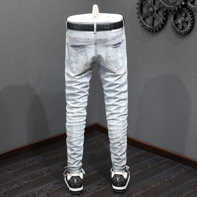 High Street Fashion Men Jeans Retro Light Blue Stretch Skinny Fit Brand Jeans Men Gradation Designer Hip Hop Denim Pencil Pants